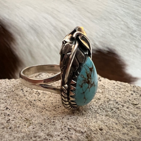 ❤️ Kingman Turquoise Statement Sterling Navajo Style Feather Leaf Ring Sz 7.5 - Picture 5 of 16